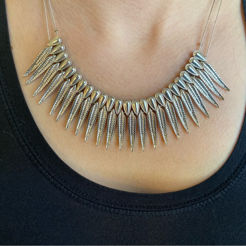 Vintage Silver tone metal feather Necklace Bohemian western trible boho‎